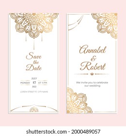 Wedding invitation stories for social media cover template with round mandala golden elements. Luxury modern ethnic lace mandalas ornament card. Save the Date vector.