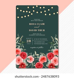 wedding invitation with string light and red peach floral watercolor