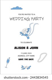 Wedding invitation, string of pearls, glass of champagne, bride's bouquet.