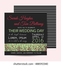 Wedding invitation with striped background and hand drawn branch of flax