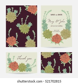 Wedding invitation with succulents. Save the date cards with collection decorative floral design elements. Vintage hand drawn vector illustration in watercolor style.