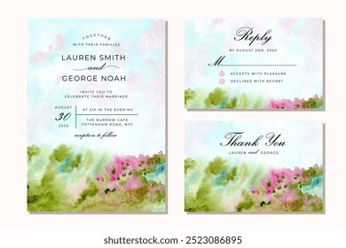 Suite de invitación de boda con acuarela de paisaje de prado de flores abstractas