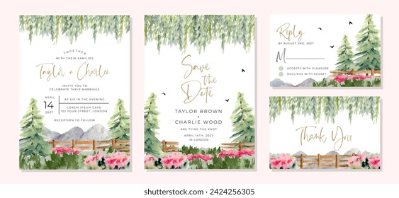 wedding invitation suite with beautiful watercolor landscape