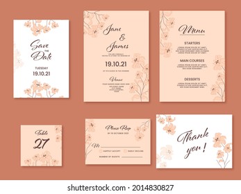 Wedding Invitation Suite Decorated With Lily Flowers In White And Peach Color.