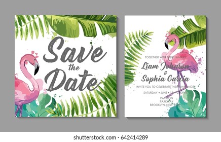 Wedding invitation suite with exotic tropical leaves.