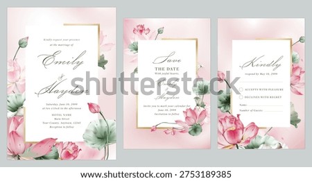 Wedding invitation suite featuring watercolor-style pink lotus flowers and green lily pads on a soft gradient pink background