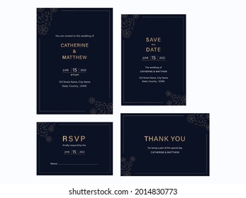 Wedding Invitation Suite With Four Options In Navy Blue Color.