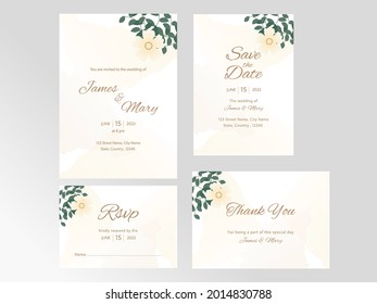 Wedding Invitation Suite With Four Options In Yellow And White Color.