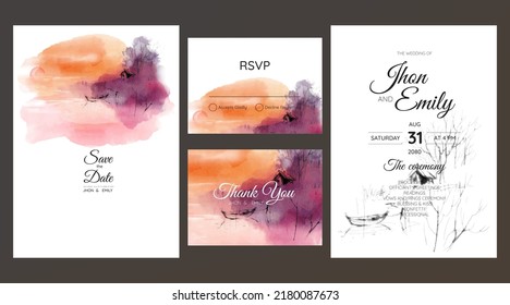 Wedding Invitation Suite With Lake Landscape Watercolor