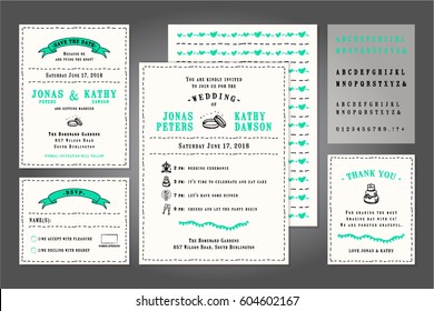 Wedding invitation suite with save the date, rsvp and thank you cards. Hand drawn icons and vintage typography in mint and black. Perfect for printable wedding stationery, invitations, announcements and event schedules.