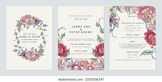 Wedding invitation suite template featuring intricate botanical illustrations of various flowers and foliage, arranged in a romantic and elegant style on a brown background