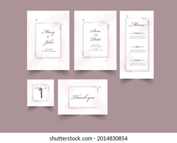 Wedding Invitation Suite Template Layout In White And Pink Color.