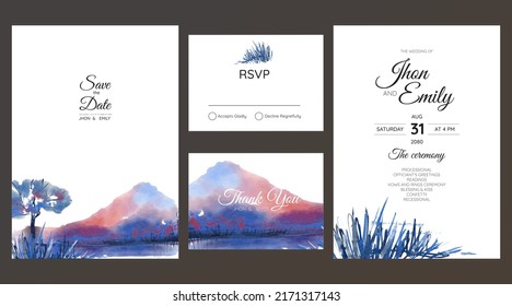 Wedding Invitation Suite With Wild Nature Landscape Watercolor