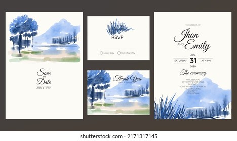 Wedding Invitation Suite With Wild Nature Landscape Watercolor