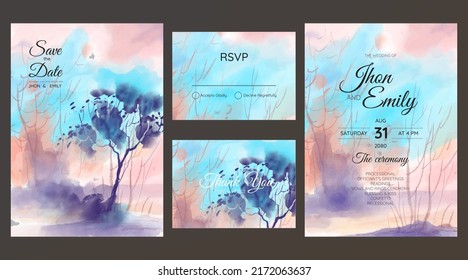 Wedding Invitation Suite With Wild Nature Landscape Watercolor