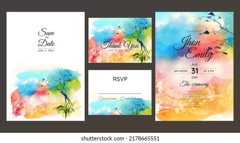 wedding invitation suite with wild nature landscape watercolor