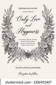 Wedding invitation. Summer wedding. Flower wreath. Vector vintage illustration. Black and white