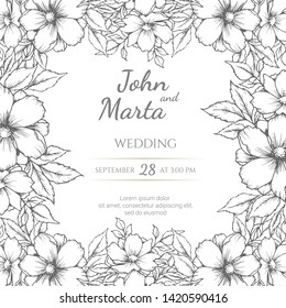 wedding invitation with summer flowers. Black and white vector illustration. floral black line art ink drawing with geometric frame. eps 8.