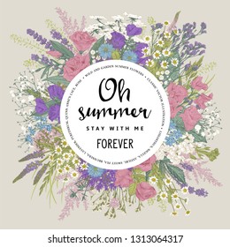 Wedding invitation. Summer frame. Rustic floral bouquet. Vector vintage illustration. 