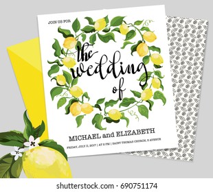 Wedding invitation, summer lemon illustration background