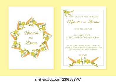 Wedding invitation summer marine theme plants layout. A frame of marine elements with text. Seaweed, starfish, seashell. Vector illustration.
