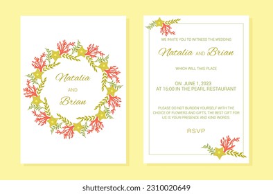 Wedding invitation Summer sea theme plants layout. A frame of marine elements with text. Algae, corals, starfish, seashell. Vector illustration.