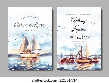 Wedding invitation of sunrise landscape with harbor and boat watercolor