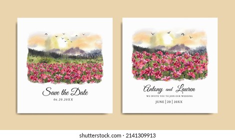 Wedding invitation of sunrise nature landscape with beautiful red flowers watercolor