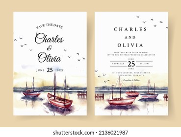 Wedding Invitation Of Sunset Nature Landscape With Harbor And Boat Watercolor