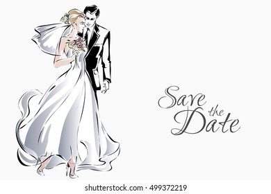 Wedding invitation with sweet couple, happy bride and groom, vector illustration