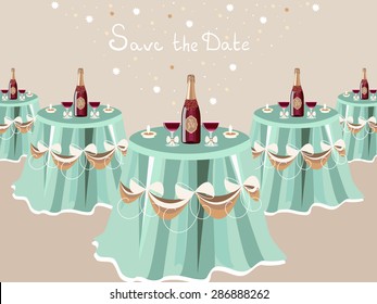 Wedding invitation, table with champagne, restaurant hall, celebrate card.