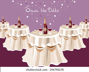 Wedding invitation, table with champagne, restaurant hall, celebrate card, vector design. Party illustration.