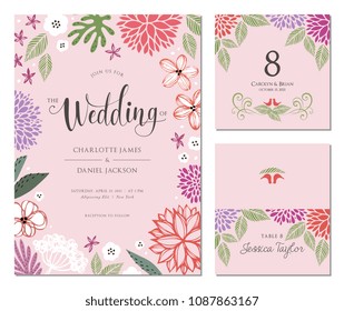 Wedding invitation, table number and name place card design. Universal greeting card template. Vector illustration.
