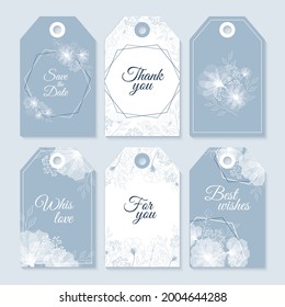 Wedding invitation tags set with white flowers and hexagon frame on blue background. Vector outline flowers and leaves. Geometry with elegant flowers.
