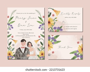 Wedding invitation tamplate with cute hand drawn couple illustration and floral watercolor