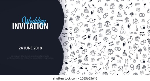 Wedding Invitation tamplate with doodle elements on a background. Save the date card. Vector illustration