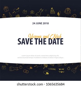 Wedding Invitation tamplate with doodle elements on a background. Save the date card. Vector illustration
