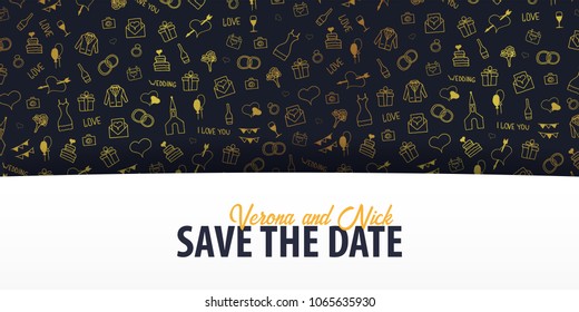 Wedding Invitation tamplate with doodle elements on a background. Save the date card. Vector illustration