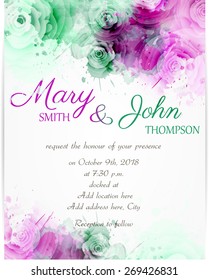 Wedding invitation template with abstract florals on watercolor background