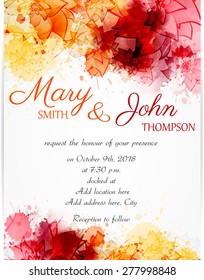 Wedding invitation template with abstract florals on watercolor background