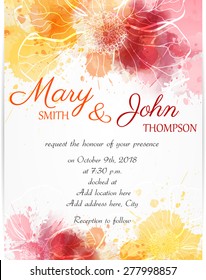 Wedding invitation template with abstract florals on watercolor background