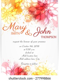 Wedding invitation template with abstract florals on watercolor background