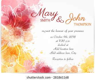 Wedding invitation template with abstract florals on watercolor background