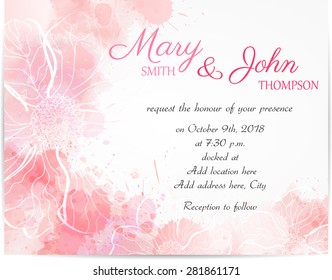 Wedding invitation template with abstract florals on watercolor background