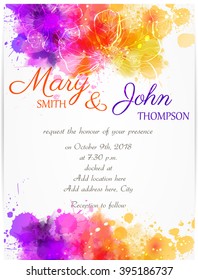 Wedding invitation template with abstract florals on watercolor background