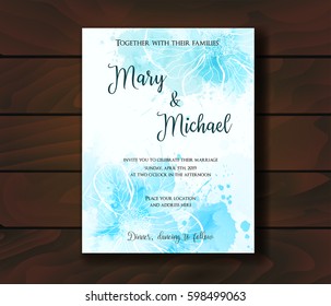 Wedding invitation template with abstract florals on wooden background. Vector illustration.