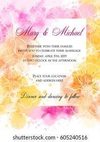 Wedding invitation template with abstract florals on watercolor background