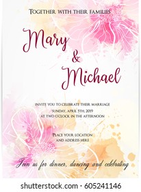 Wedding invitation template with abstract florals on watercolor background