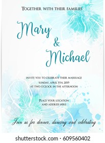 Wedding invitation template with abstract florals on watercolor background. Vector illustration.