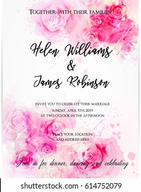 Wedding invitation template with abstract florals on watercolor background. Vector illustration.